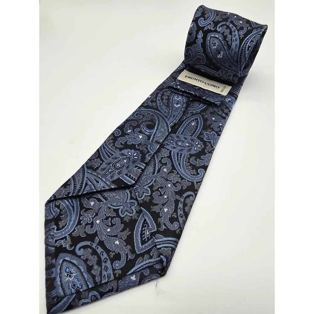 Pronto Uomo 100% Silk Blue Black Paisley Extra Long Men's Tie 64